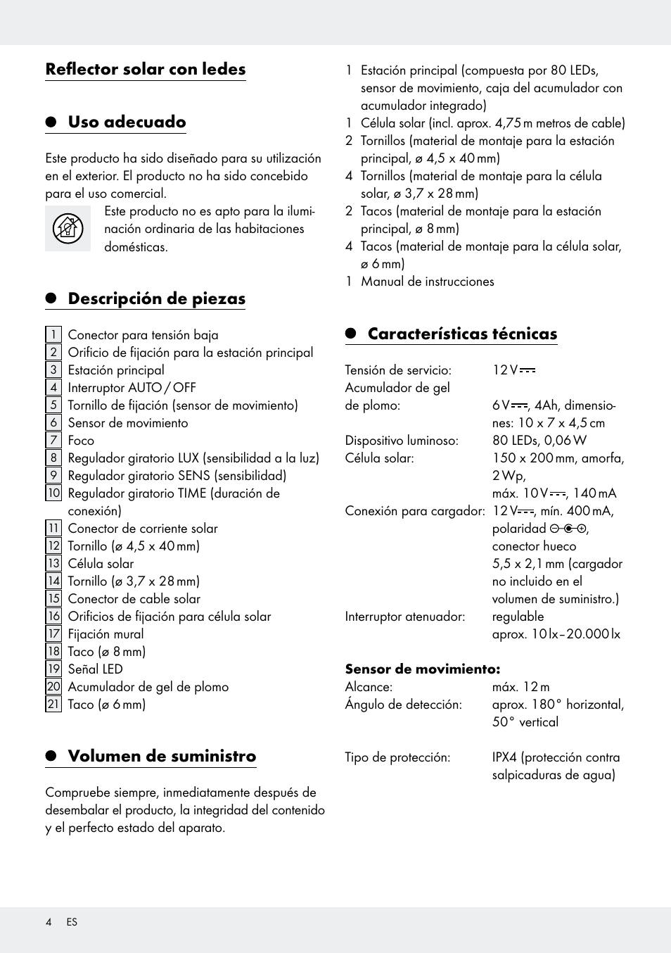 Reflector solar con ledes uso adecuado, Descripción de piezas, Volumen de suministro | Características técnicas | Livarno Z31171 User Manual | Page 4 / 43