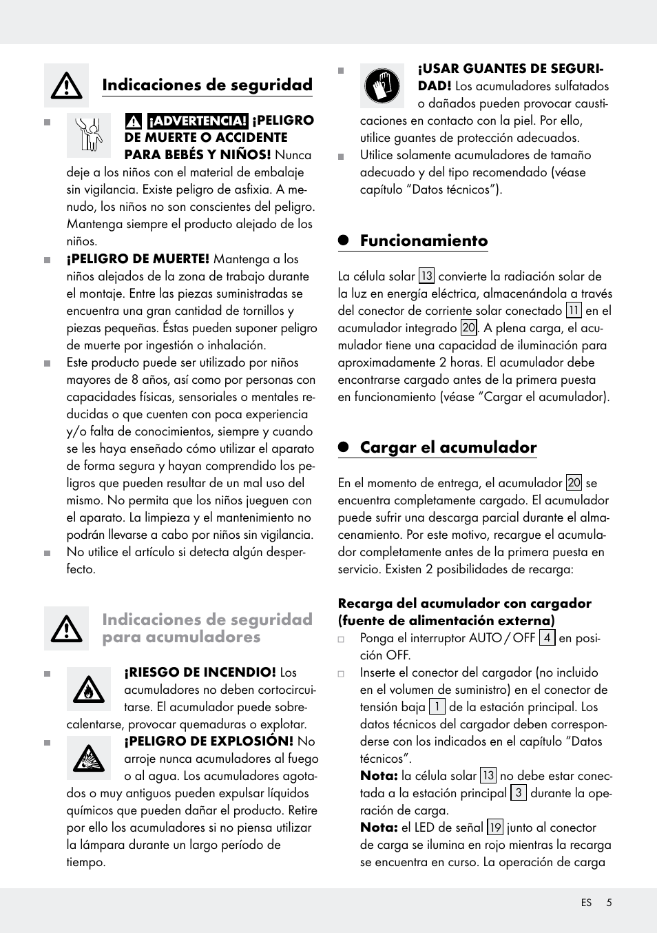 Indicaciones de seguridad, Indicaciones de seguridad para acumuladores, Funcionamiento | Cargar el acumulador | Livarno Z31171 User Manual | Page 5 / 43