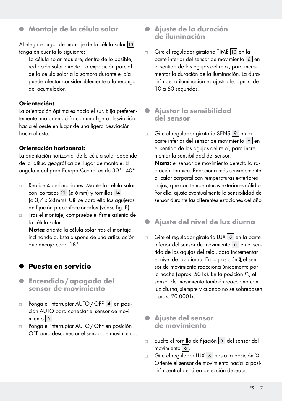 Montaje de la célula solar, Ajuste de la duración de iluminación, Ajustar la sensibilidad del sensor | Ajuste del nivel de luz diurna, Ajuste del sensor de movimiento | Livarno Z31171 User Manual | Page 7 / 43