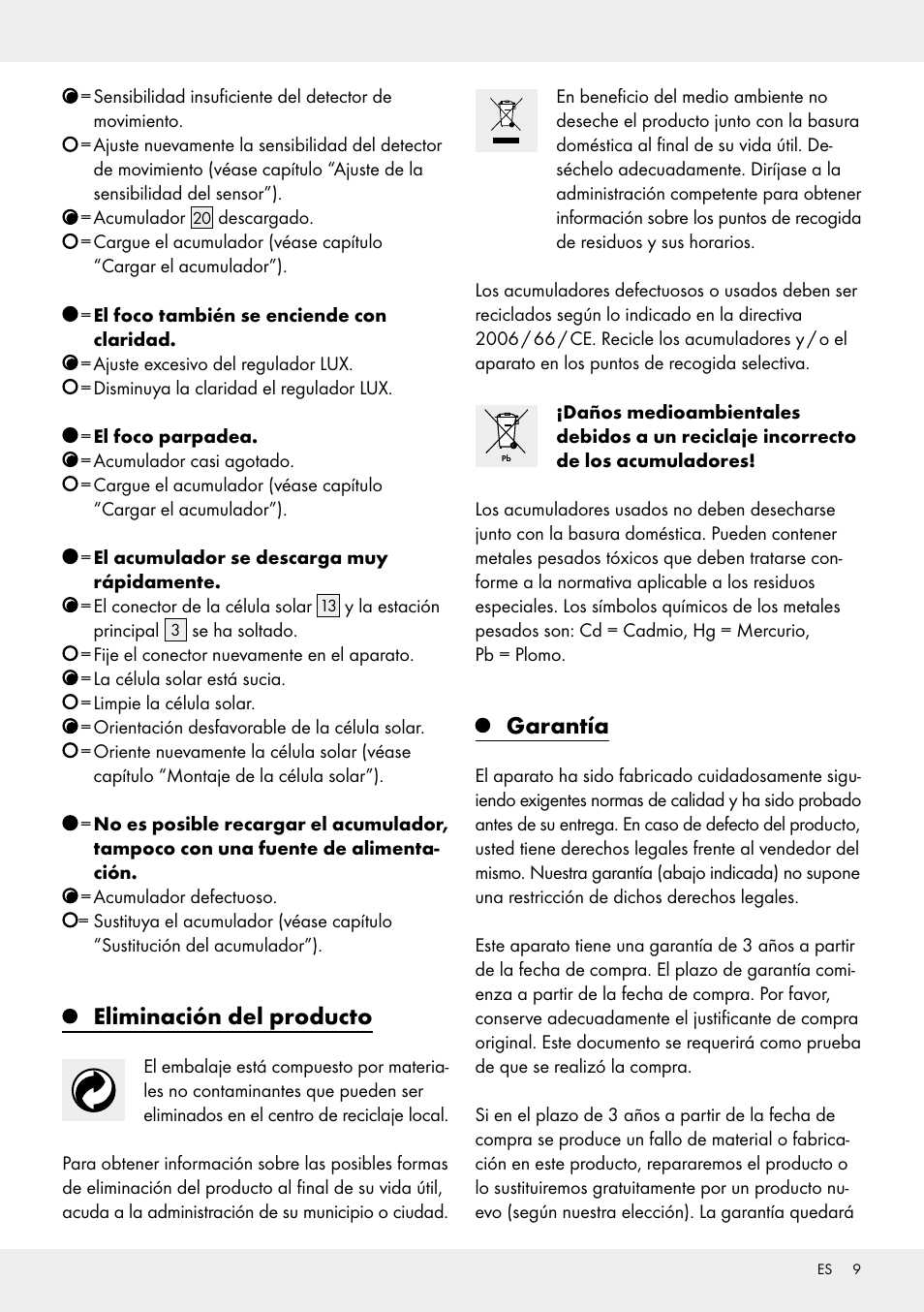 Eliminación del producto, Garantía | Livarno Z31171 User Manual | Page 9 / 43