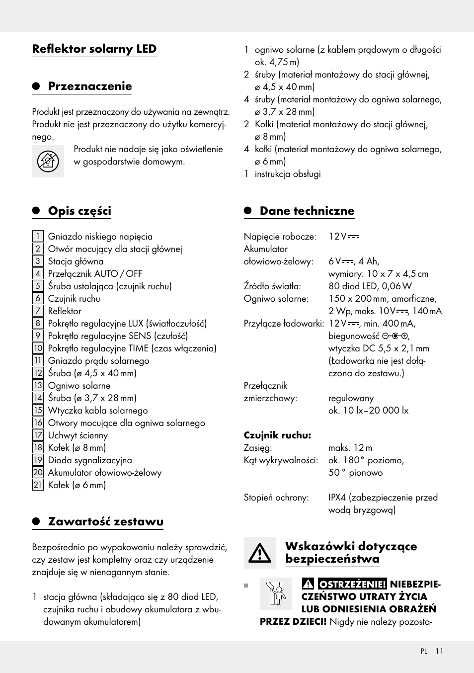 Reflektor solarny led przeznaczenie, Opis części, Zawartość zestawu | Dane techniczne, Wskazówki dotyczące bezpieczeństwa | Livarno Z31171 User Manual | Page 11 / 56