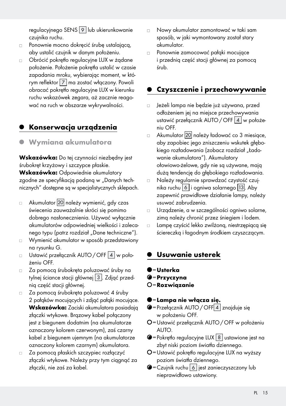 Konserwacja urządzenia wymiana akumulatora, Czyszczenie i przechowywanie, Usuwanie usterek | Livarno Z31171 User Manual | Page 15 / 56