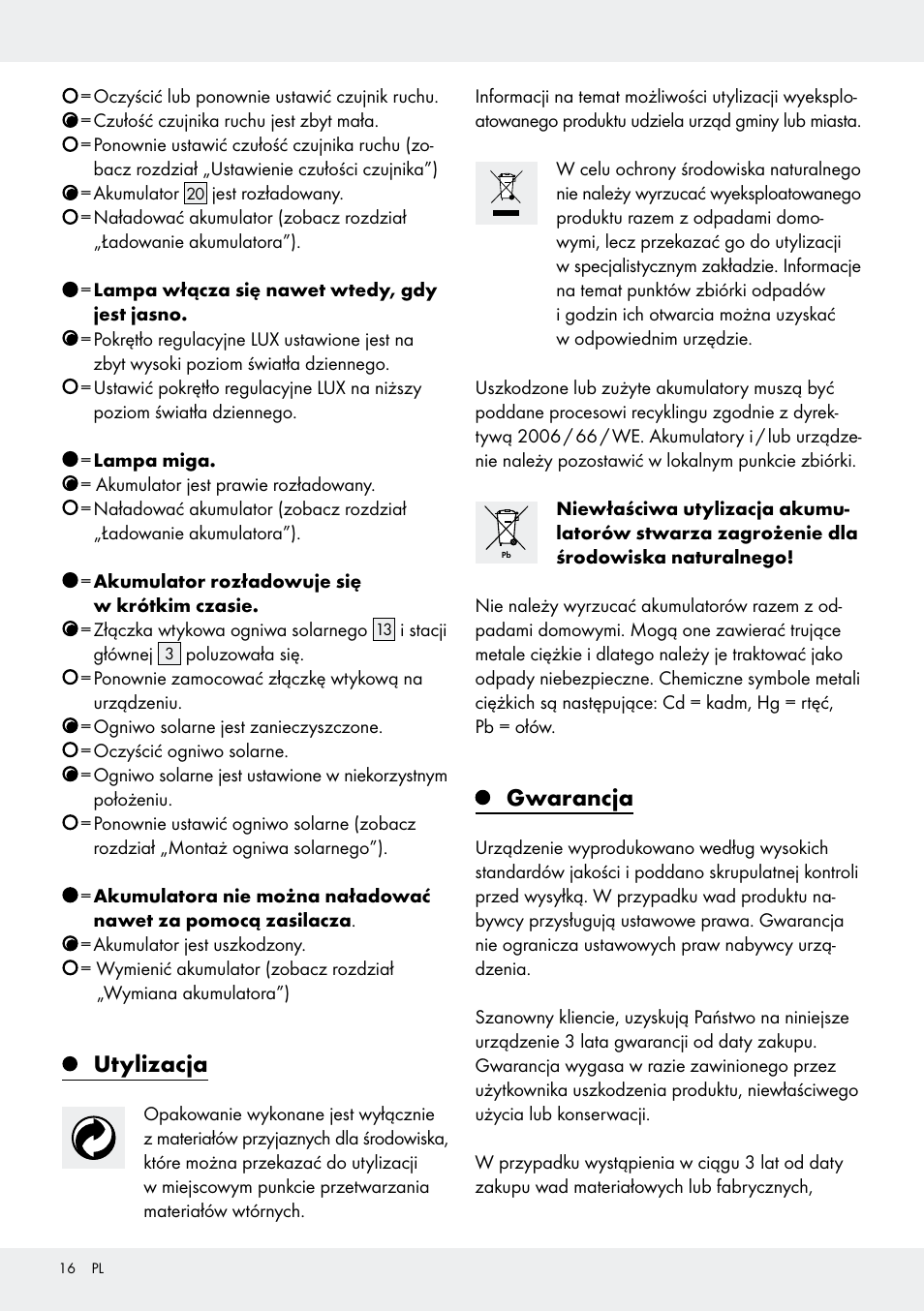 Utylizacja, Gwarancja | Livarno Z31171 User Manual | Page 16 / 56