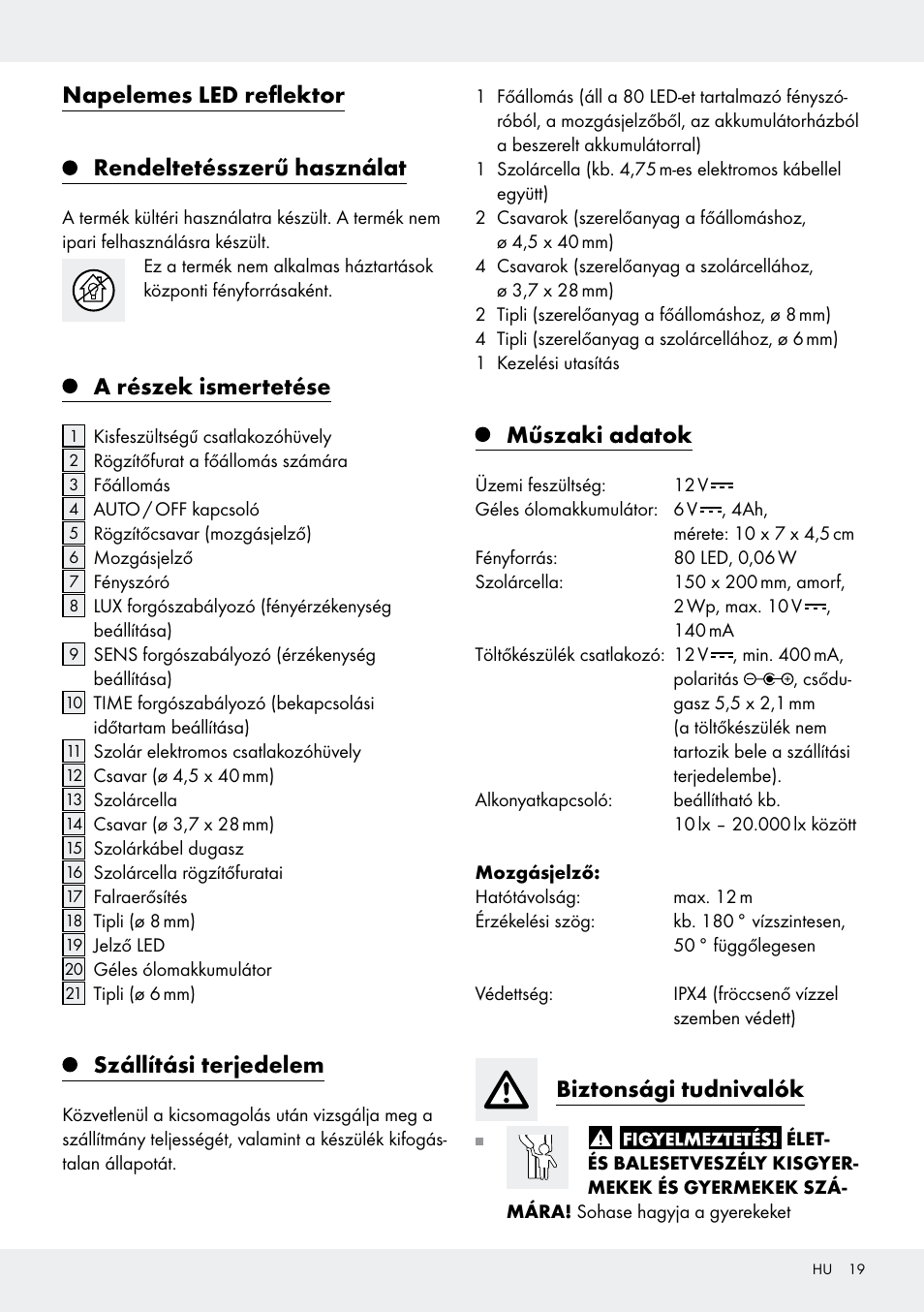 Napelemes led reflektor rendeltetésszerű használat, A részek ismertetése, Szállítási terjedelem | Műszaki adatok, Biztonsági tudnivalók | Livarno Z31171 User Manual | Page 19 / 56