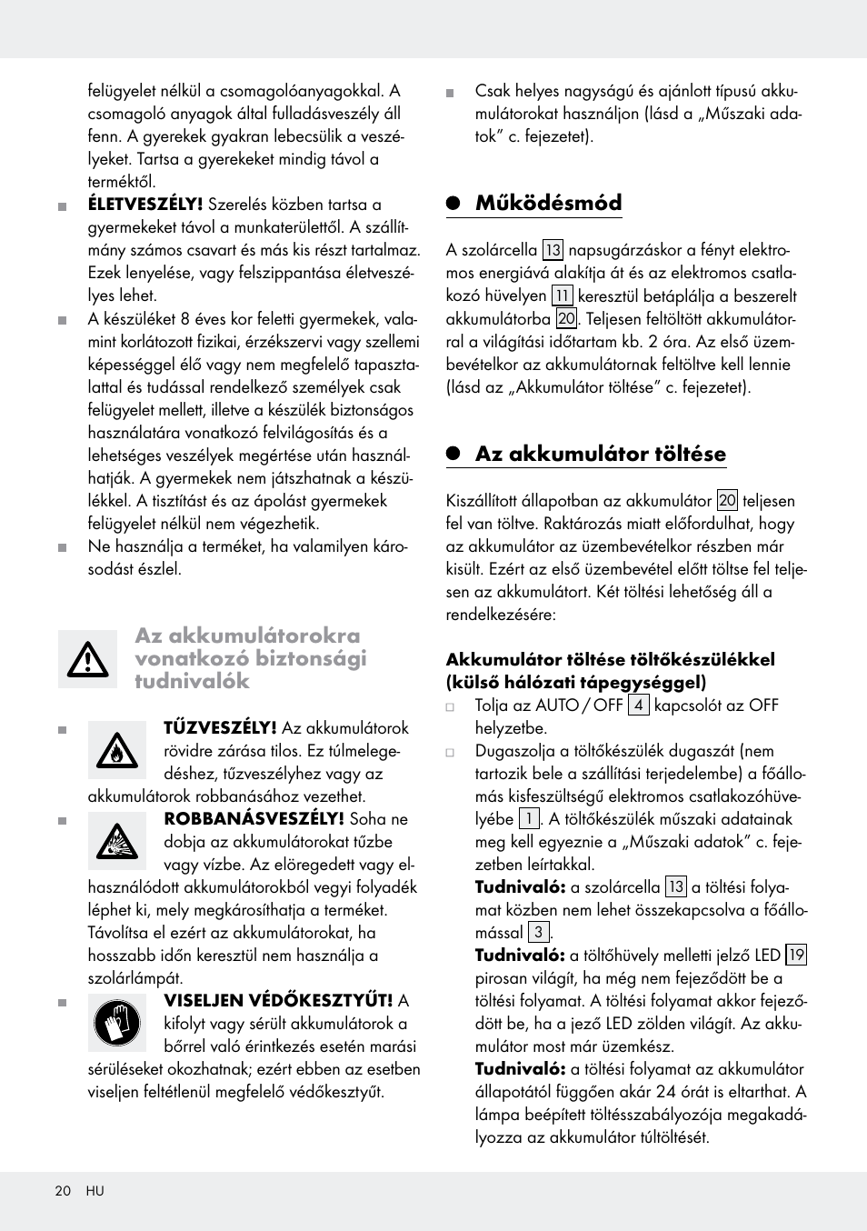 Az akkumulátorokra vonatkozó biztonsági tudnivalók, Működésmód, Az akkumulátor töltése | Livarno Z31171 User Manual | Page 20 / 56