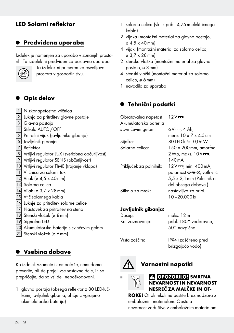 Led solarni reflektor predvidena uporaba, Opis delov, Vsebina dobave | Tehnični podatki, Varnostni napotki | Livarno Z31171 User Manual | Page 26 / 56