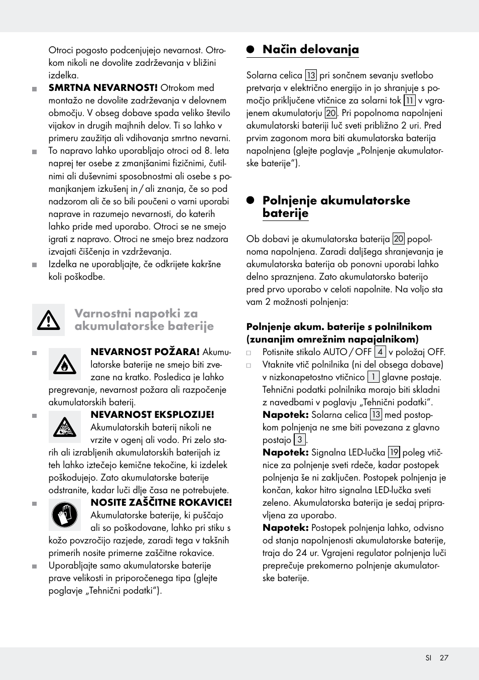 Varnostni napotki za akumulatorske baterije, Način delovanja, Polnjenje akumulatorske baterije | Livarno Z31171 User Manual | Page 27 / 56