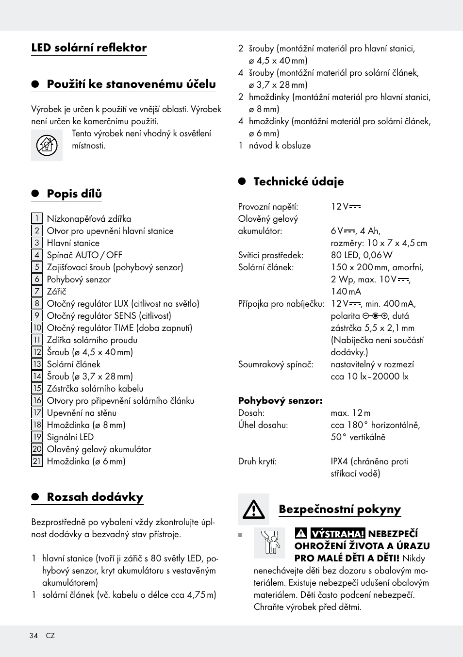 Led solární reflektor použití ke stanovenému účelu, Popis dílů, Rozsah dodávky | Technické údaje, Bezpečnostní pokyny | Livarno Z31171 User Manual | Page 34 / 56