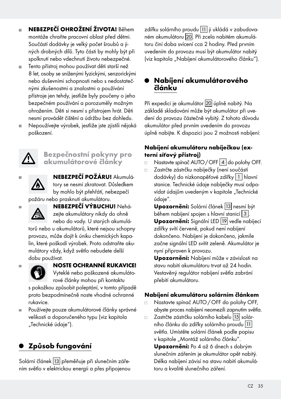 Bezpečnostní pokyny pro akumulátorové články, Způsob fungování, Nabíjení akumulátorového článku | Livarno Z31171 User Manual | Page 35 / 56