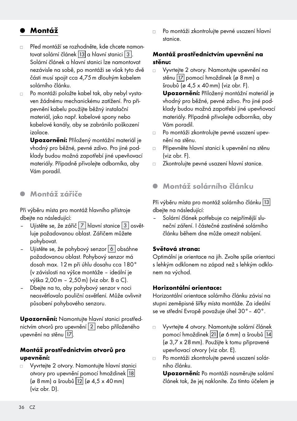 Montáž, Montáž zářiče, Montáž solárního článku | Livarno Z31171 User Manual | Page 36 / 56