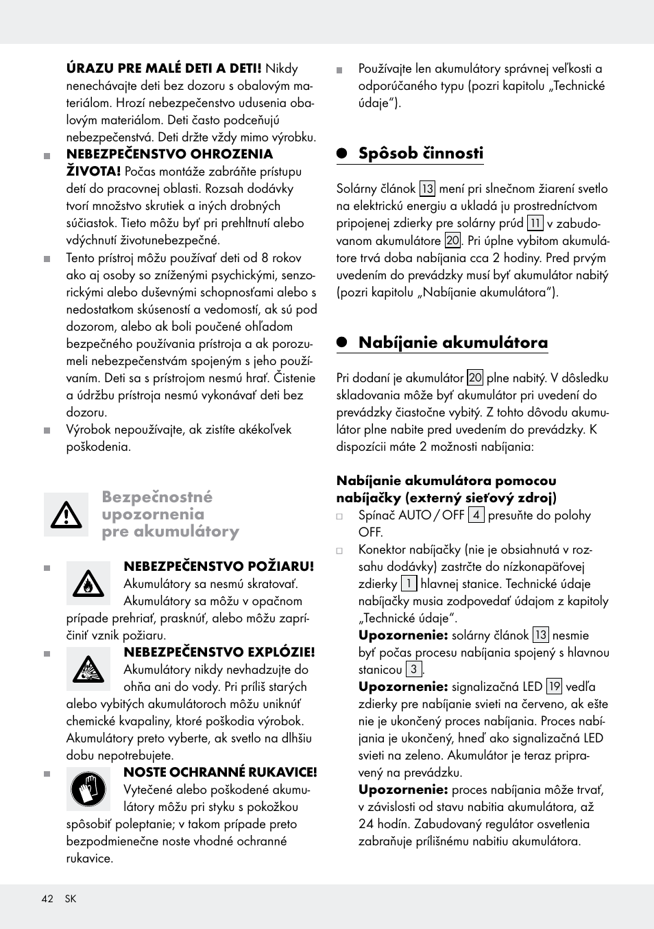 Bezpečnostné upozornenia pre akumulátory, Spôsob činnosti, Nabíjanie akumulátora | Livarno Z31171 User Manual | Page 42 / 56