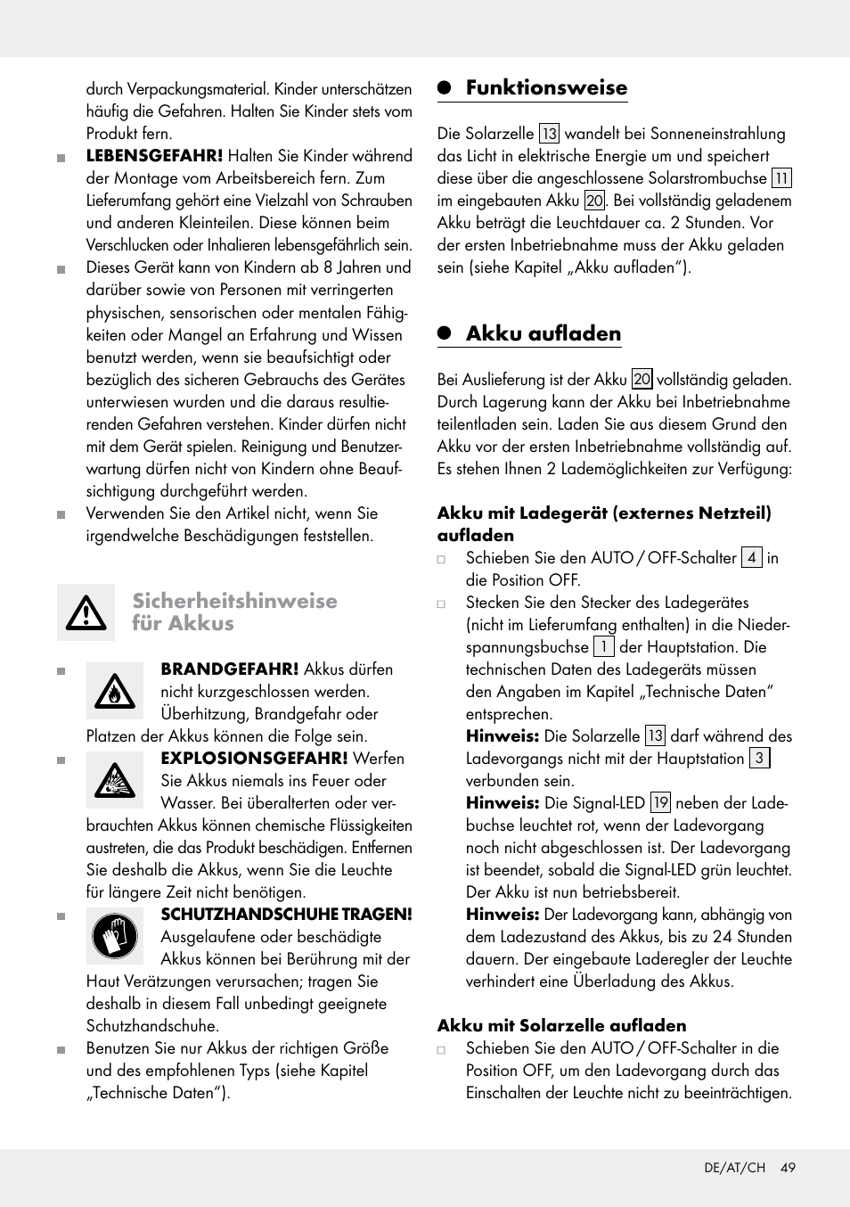 Sicherheitshinweise für akkus, Funktionsweise, Akku aufladen | Livarno Z31171 User Manual | Page 49 / 56