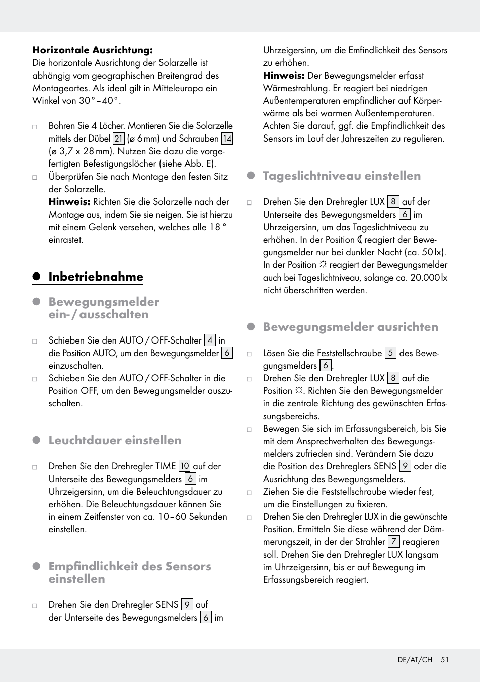 Inbetriebnahme bewegungsmelder ein- / ausschalten, Leuchtdauer einstellen, Empfindlichkeit des sensors einstellen | Tageslichtniveau einstellen, Bewegungsmelder ausrichten | Livarno Z31171 User Manual | Page 51 / 56