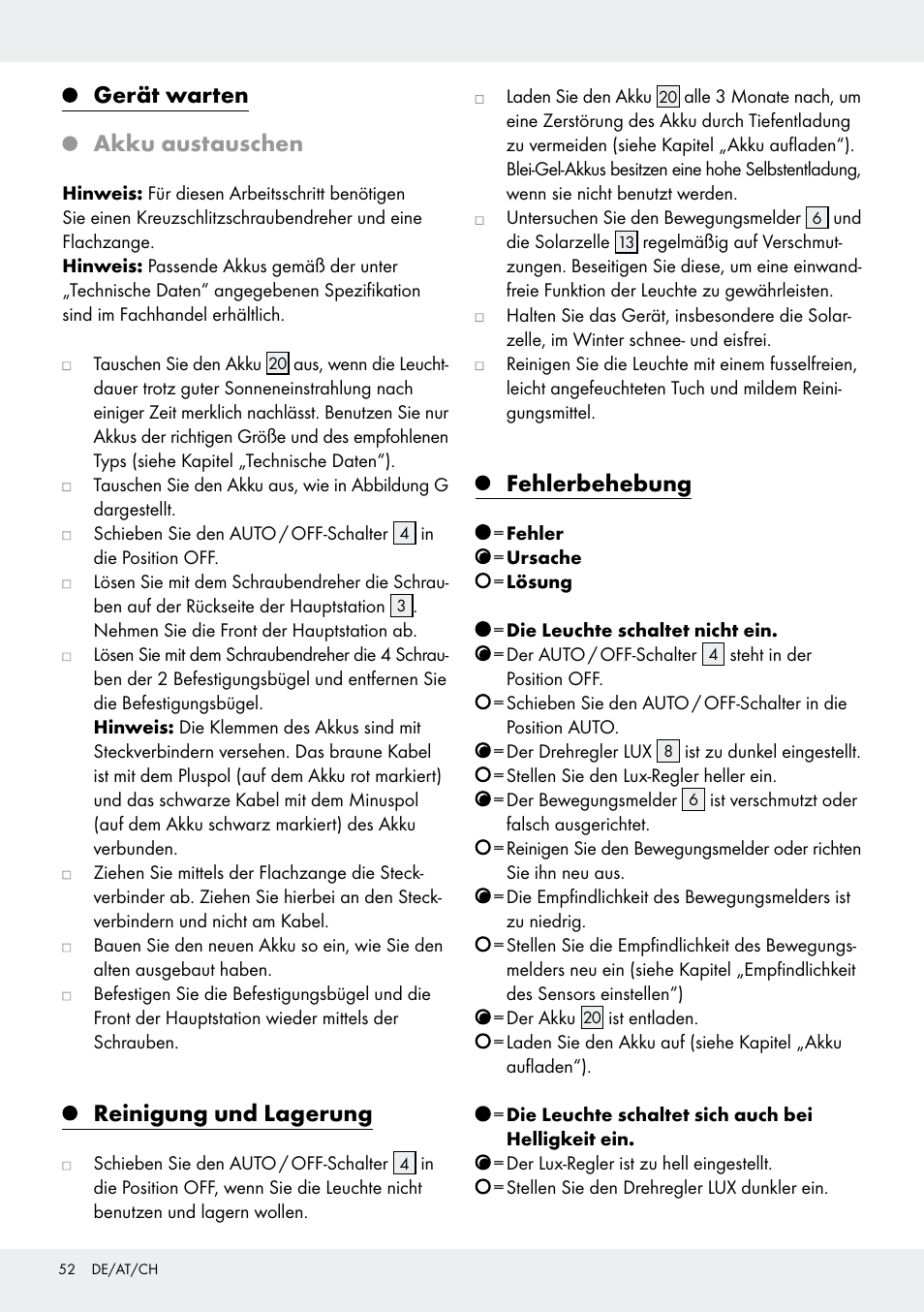 Gerät warten akku austauschen, Reinigung und lagerung, Fehlerbehebung | Livarno Z31171 User Manual | Page 52 / 56