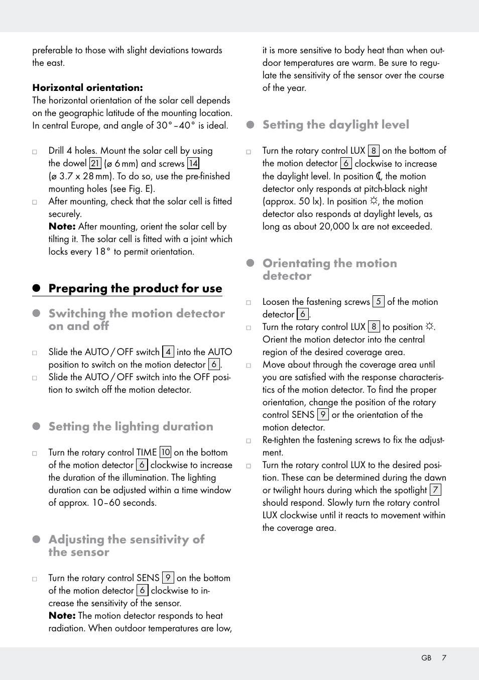 Setting the lighting duration, Adjusting the sensitivity of the sensor, Setting the daylight level | Orientating the motion detector | Livarno Z31171 User Manual | Page 7 / 56