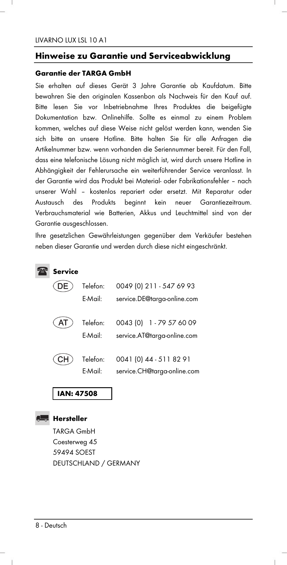 Hinweise zu garantie und serviceabwicklung | Livarno LSL 10 A1 User Manual | Page 10 / 32