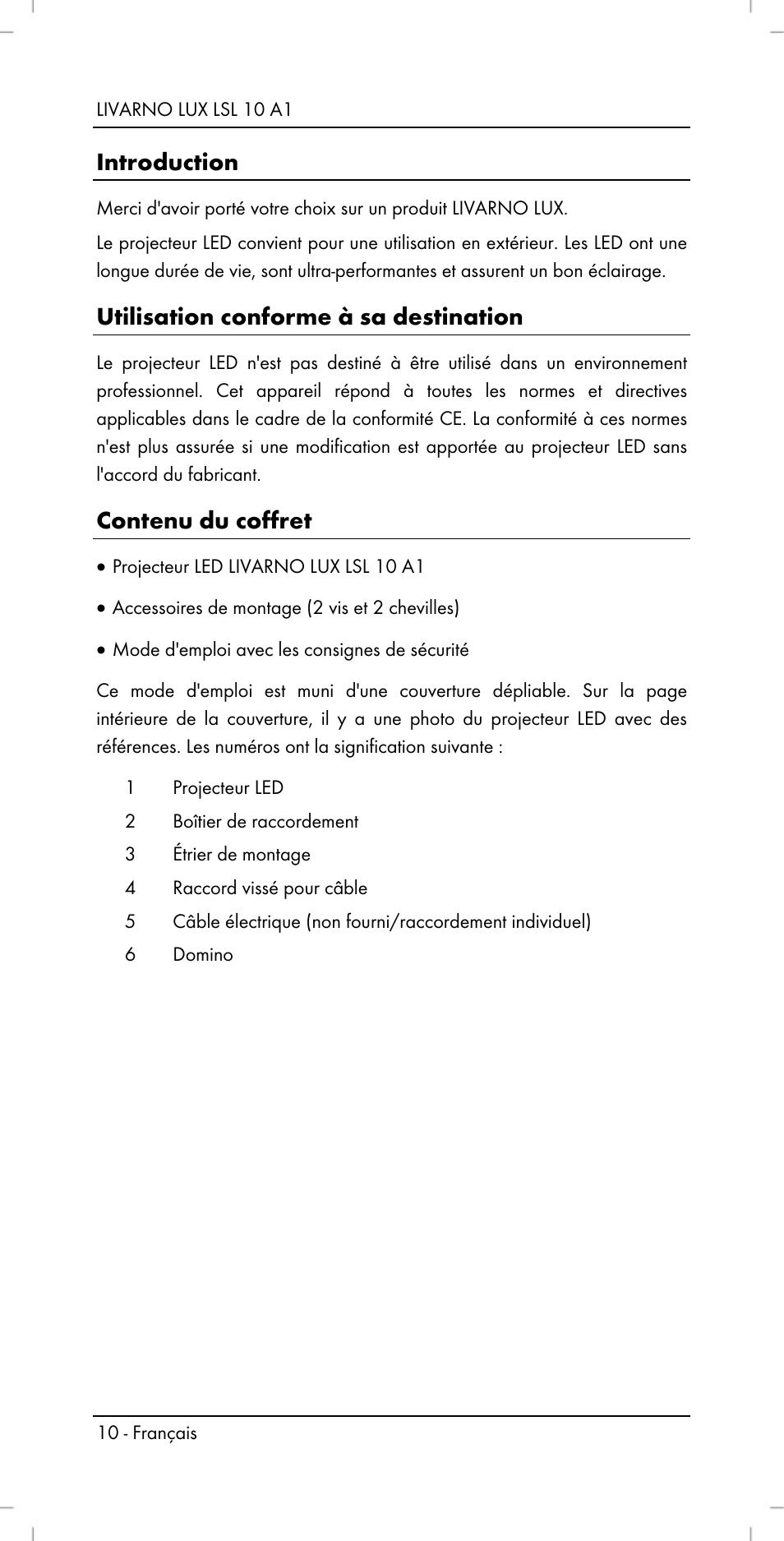 Introduction, Utilisation conforme à sa destination, Contenu du coffret | Livarno LSL 10 A1 User Manual | Page 12 / 32