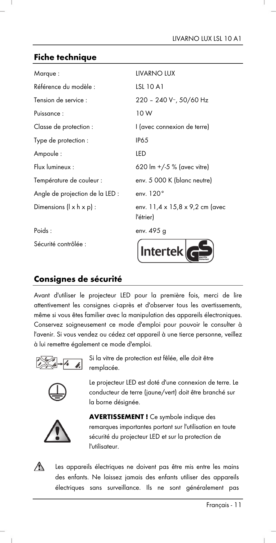 Fiche technique, Consignes de sécurité | Livarno LSL 10 A1 User Manual | Page 13 / 32