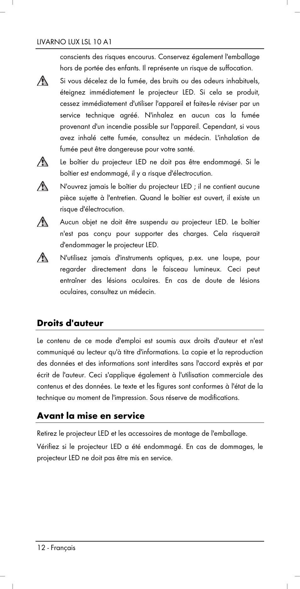 Droits d'auteur, Avant la mise en service | Livarno LSL 10 A1 User Manual | Page 14 / 32