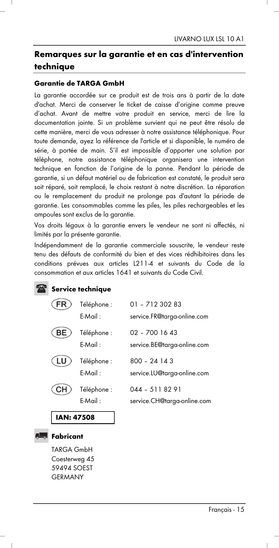 Livarno lux lsl 10 a1, Français - 15 | Livarno LSL 10 A1 User Manual | Page 17 / 32