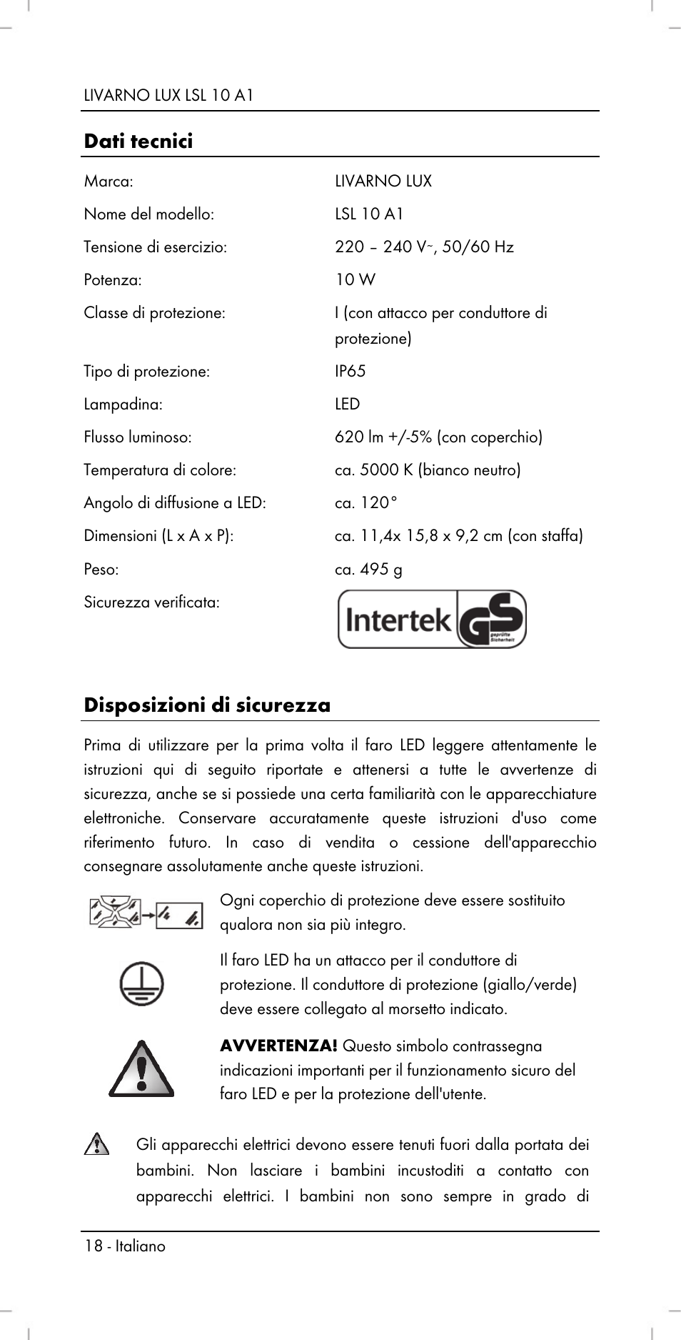 Dati tecnici, Disposizioni di sicurezza | Livarno LSL 10 A1 User Manual | Page 20 / 32