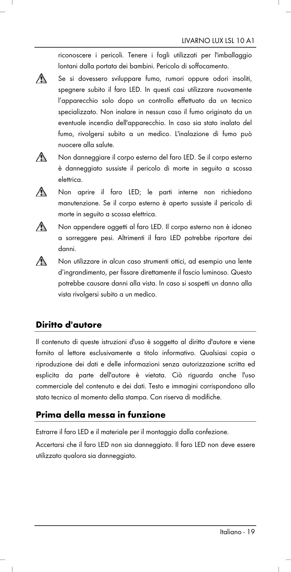 Diritto d'autore, Prima della messa in funzione | Livarno LSL 10 A1 User Manual | Page 21 / 32