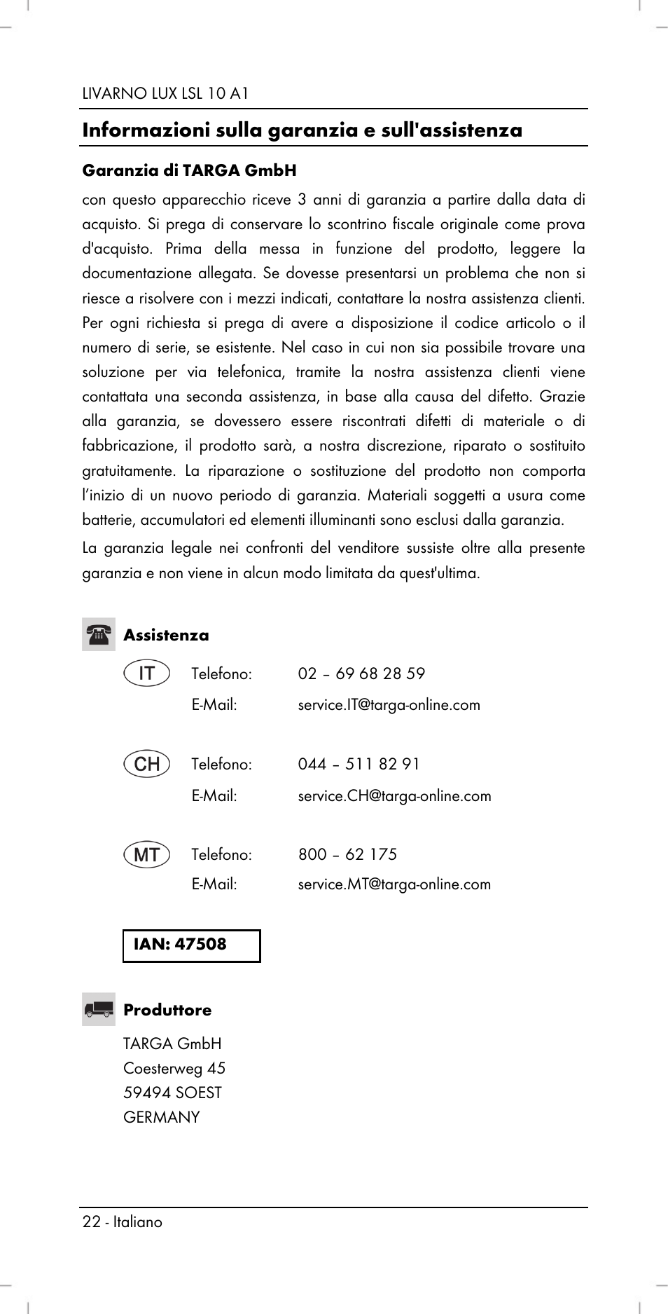 Informazioni sulla garanzia e sull'assistenza | Livarno LSL 10 A1 User Manual | Page 24 / 32