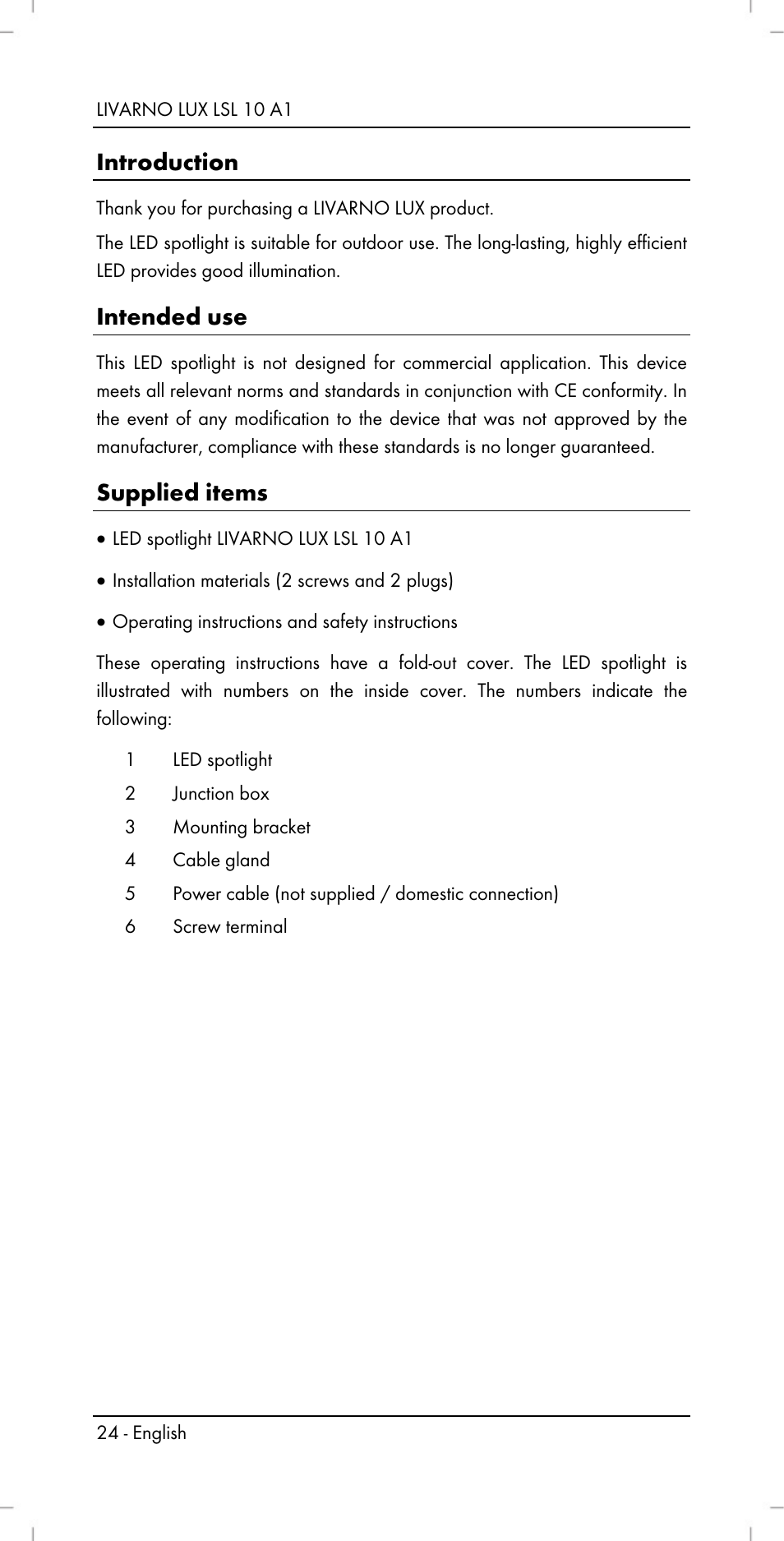 Introduction, Intended use, Supplied items | Livarno LSL 10 A1 User Manual | Page 26 / 32