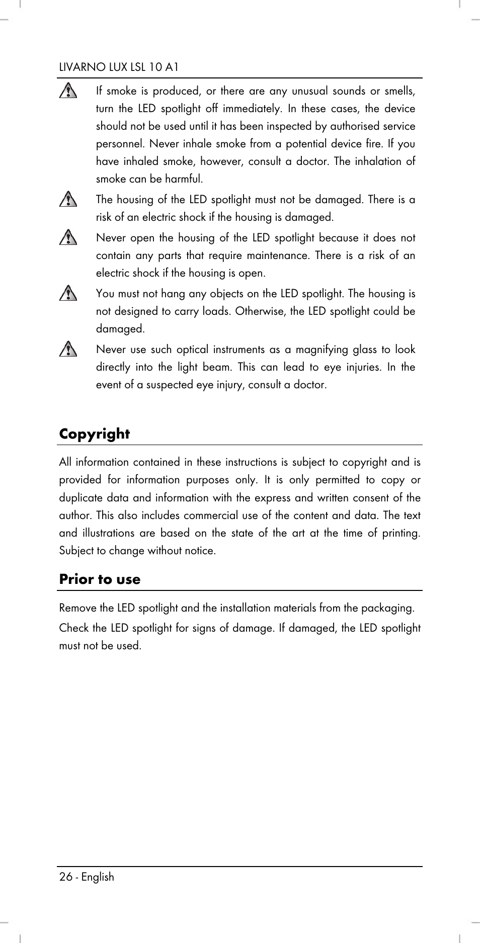 Copyright, Prior to use | Livarno LSL 10 A1 User Manual | Page 28 / 32