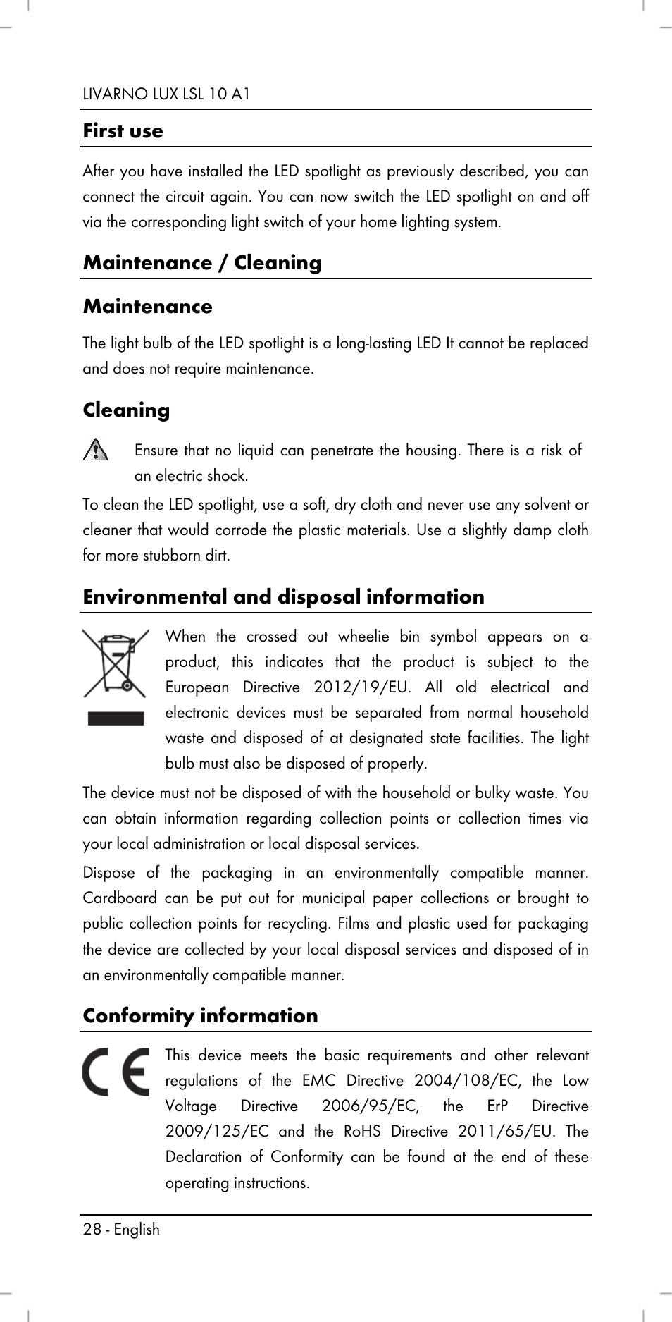 First use, Maintenance / cleaning maintenance, Cleaning | Environmental and disposal information, Conformity information | Livarno LSL 10 A1 User Manual | Page 30 / 32