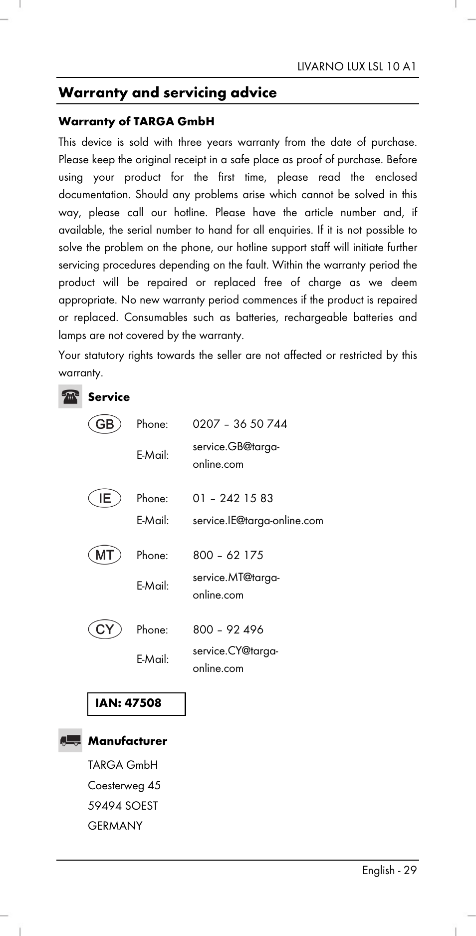 Warranty and servicing advice | Livarno LSL 10 A1 User Manual | Page 31 / 32