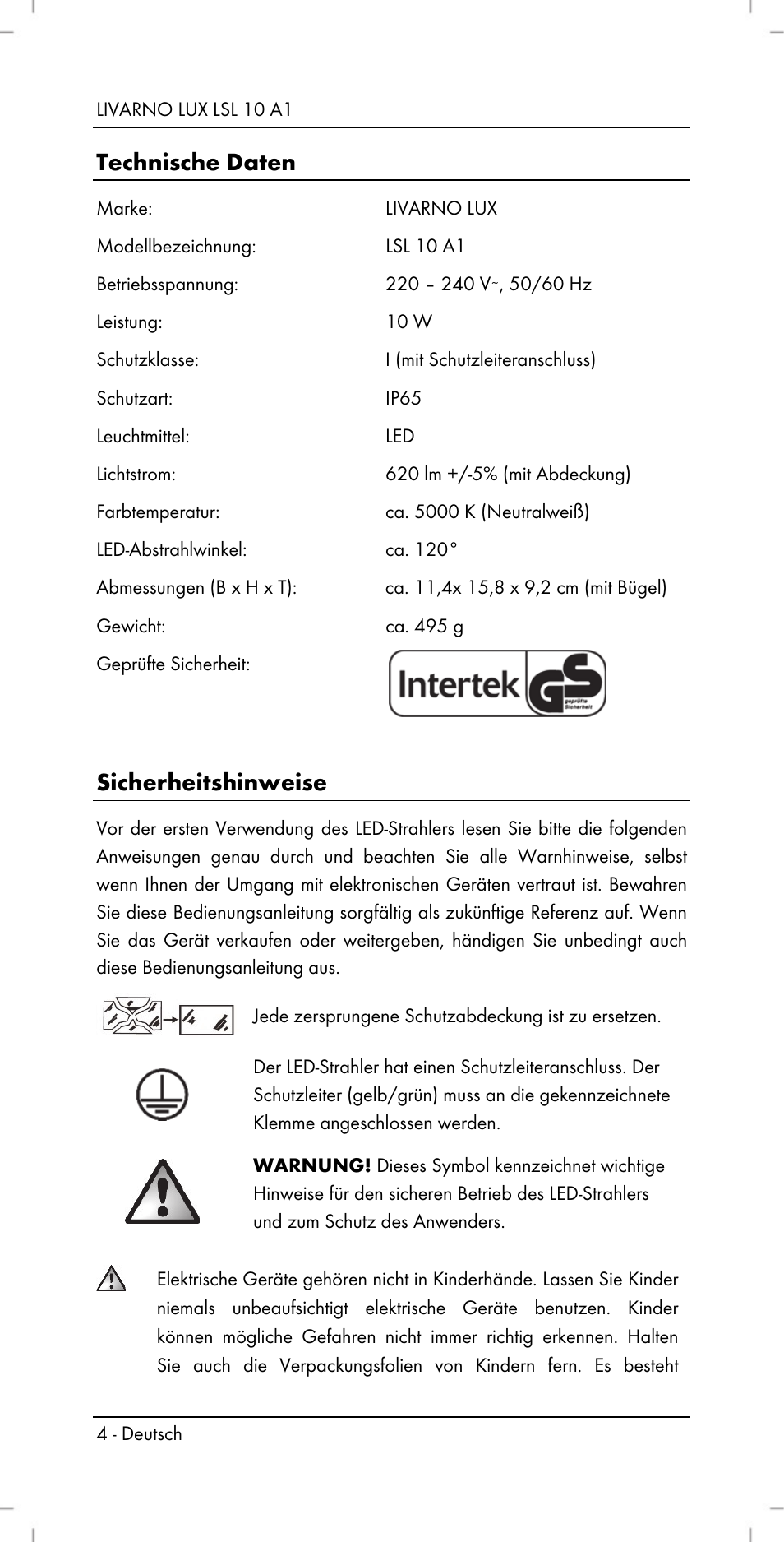 Technische daten, Sicherheitshinweise | Livarno LSL 10 A1 User Manual | Page 6 / 32