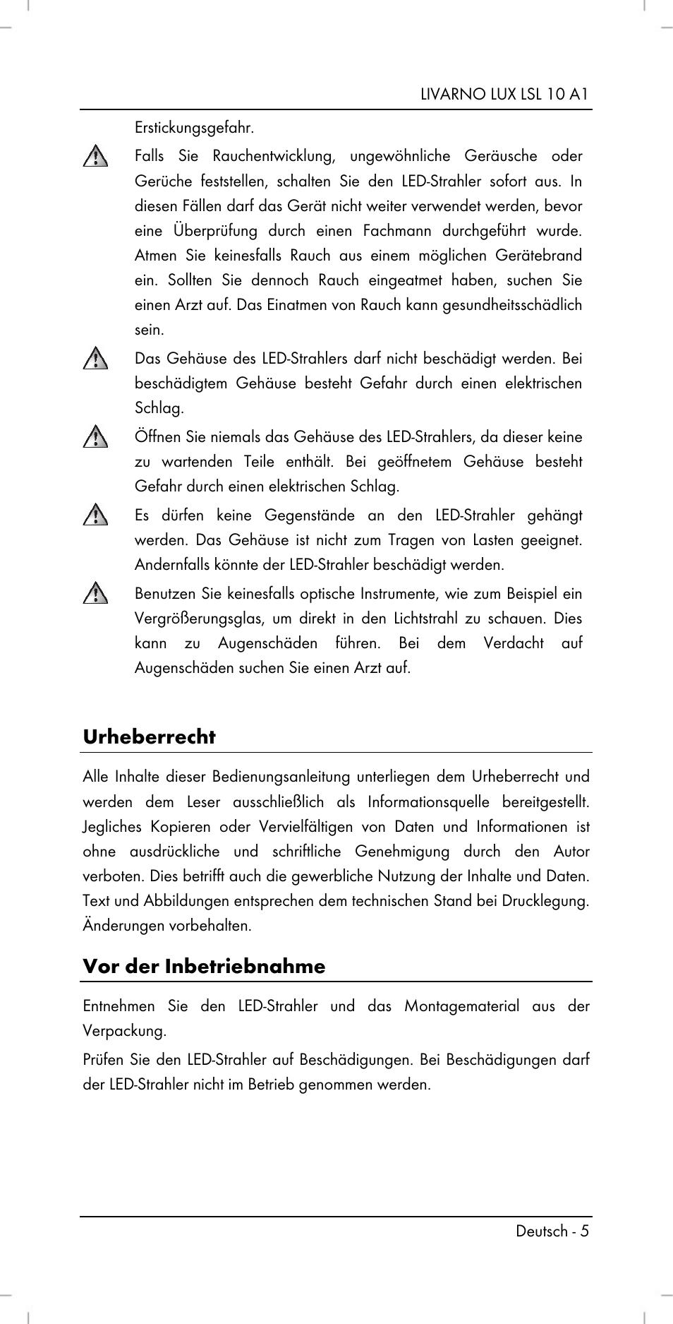 Urheberrecht, Vor der inbetriebnahme | Livarno LSL 10 A1 User Manual | Page 7 / 32