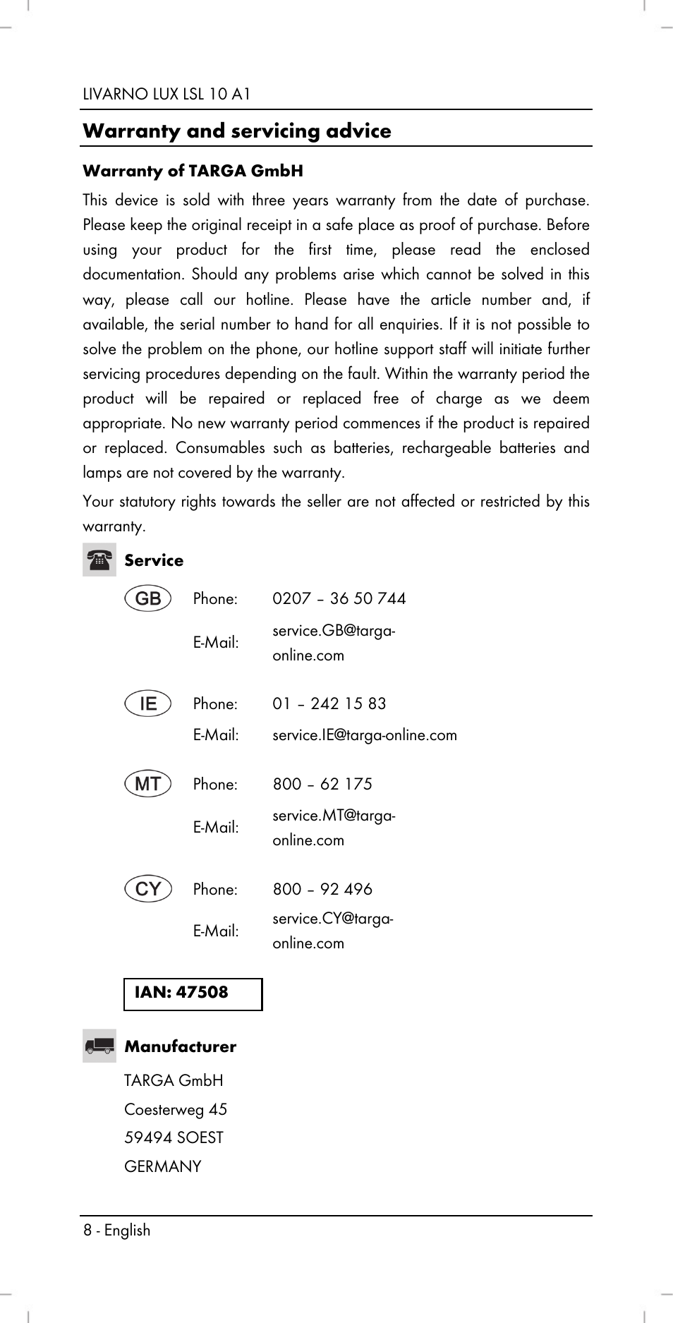 Warranty and servicing advice | Livarno LSL 10 A1 User Manual | Page 10 / 46