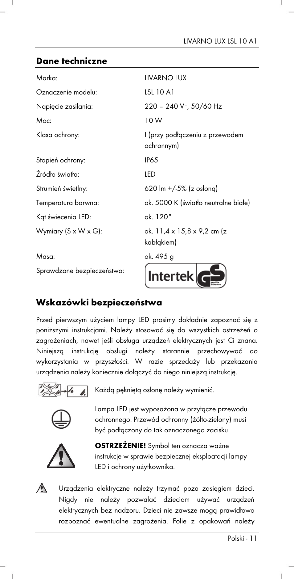 Dane techniczne, Wskazówki bezpieczeństwa | Livarno LSL 10 A1 User Manual | Page 13 / 46