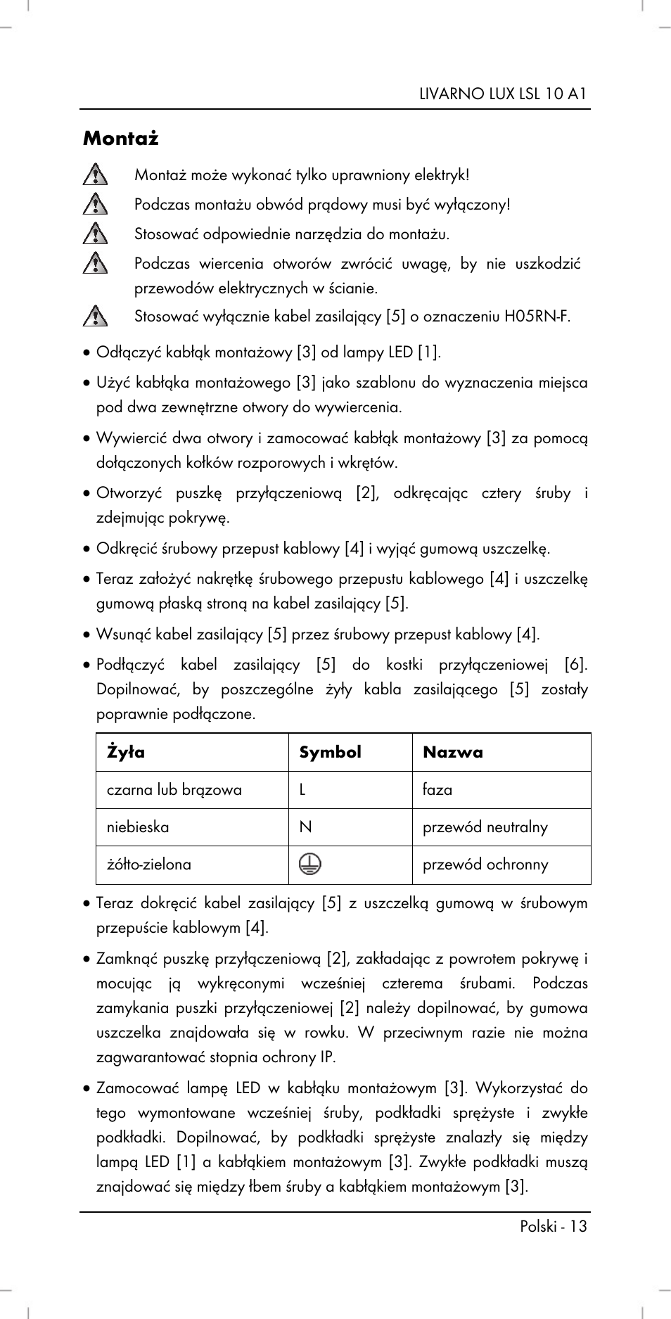 Montaż | Livarno LSL 10 A1 User Manual | Page 15 / 46