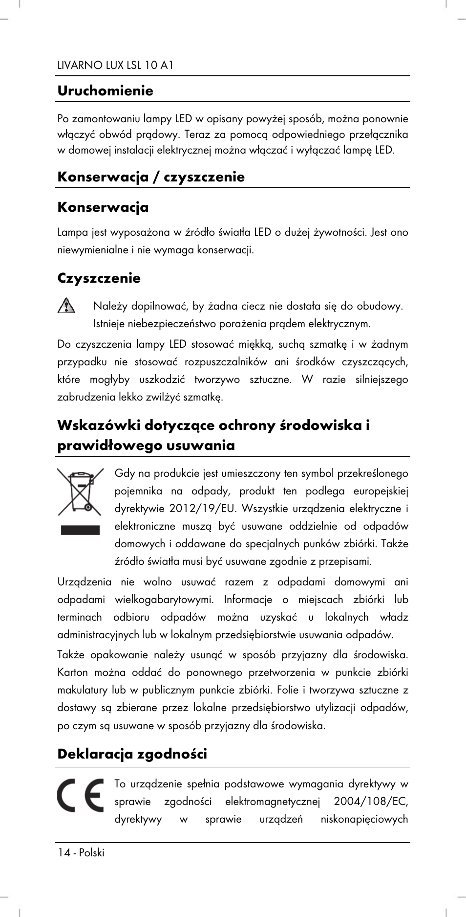 Uruchomienie, Konserwacja / czyszczenie konserwacja, Czyszczenie | Deklaracja zgodności | Livarno LSL 10 A1 User Manual | Page 16 / 46