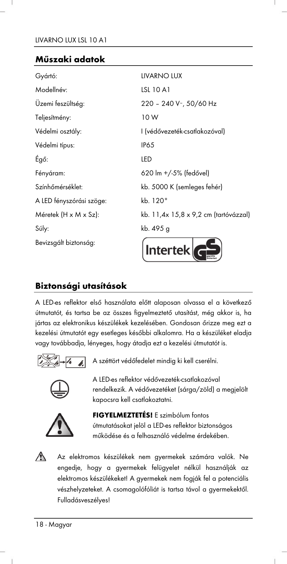 Műszaki adatok, Biztonsági utasítások | Livarno LSL 10 A1 User Manual | Page 20 / 46