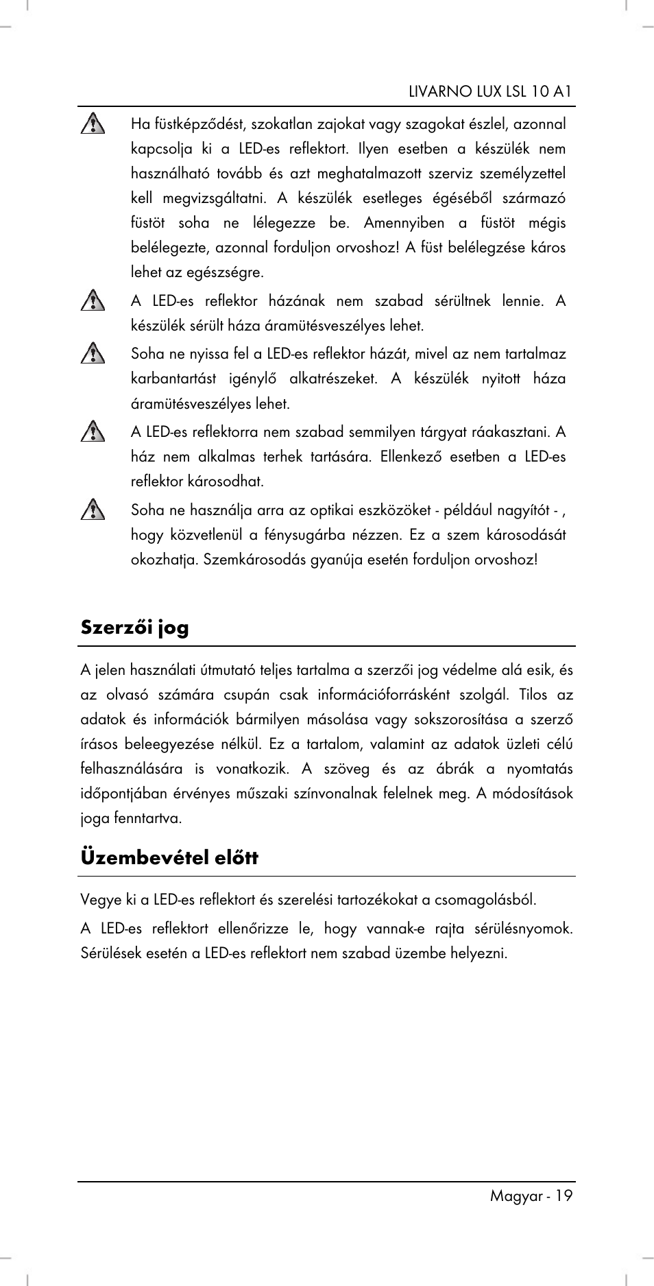 Szerzői jog, Üzembevétel előtt | Livarno LSL 10 A1 User Manual | Page 21 / 46