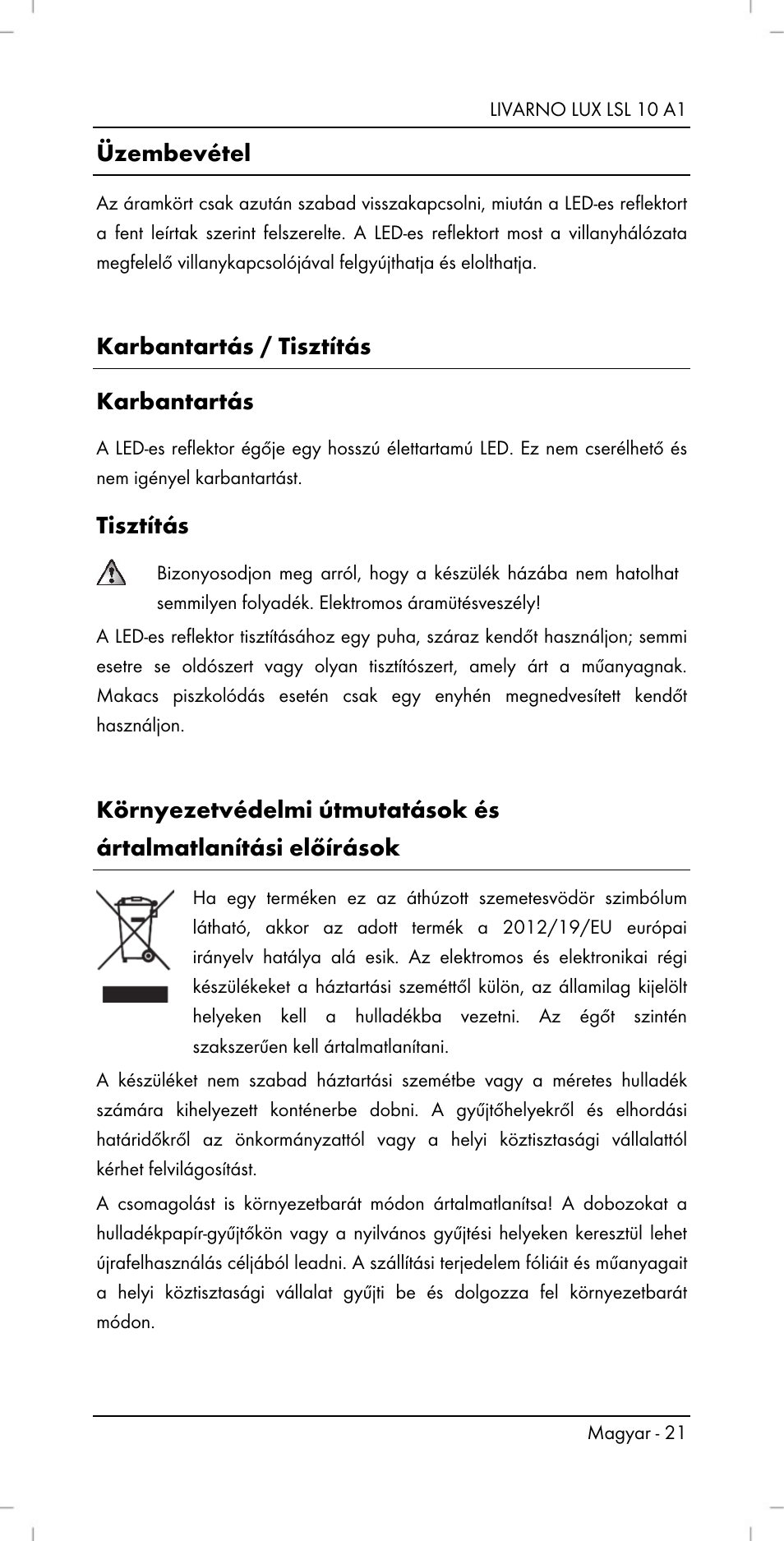 Üzembevétel, Karbantartás / tisztítás karbantartás, Tisztítás | Livarno LSL 10 A1 User Manual | Page 23 / 46