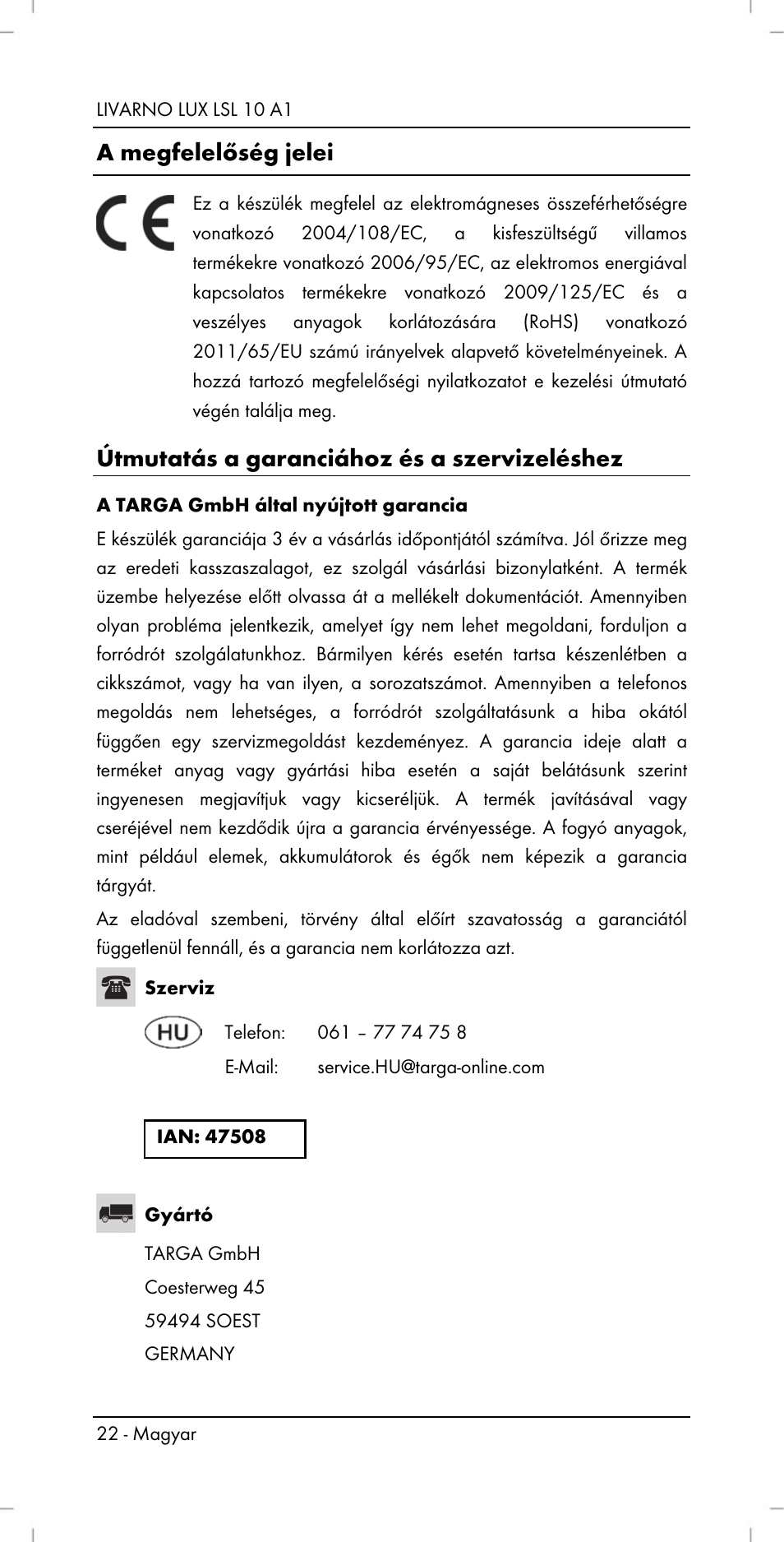 A megfelelőség jelei, Útmutatás a garanciához és a szervizeléshez | Livarno LSL 10 A1 User Manual | Page 24 / 46