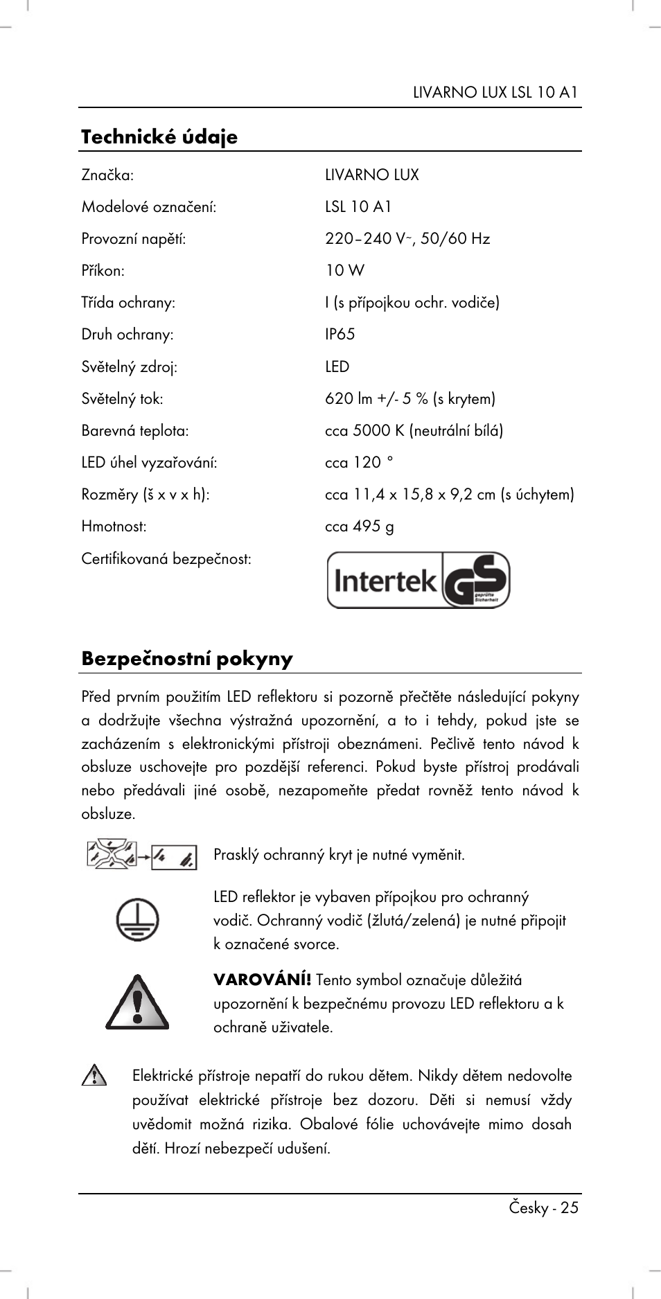 Technické údaje, Bezpečnostní pokyny | Livarno LSL 10 A1 User Manual | Page 27 / 46