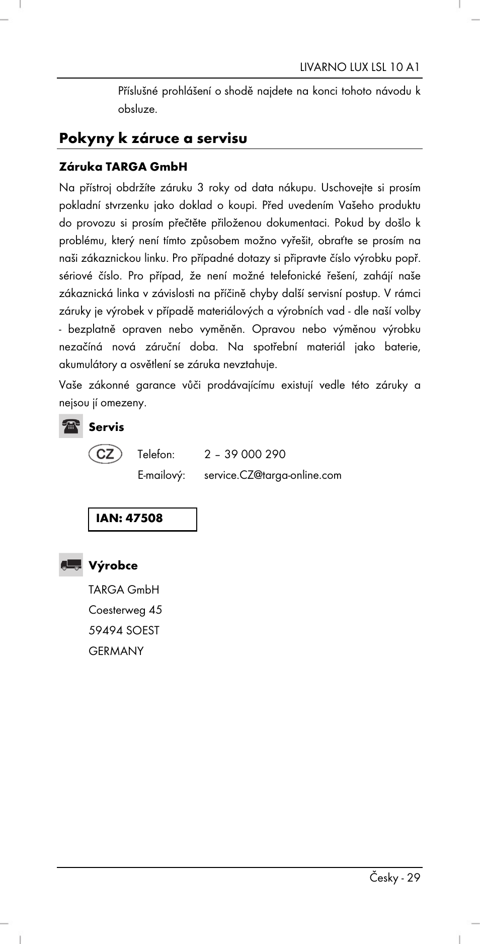 Pokyny k záruce a servisu | Livarno LSL 10 A1 User Manual | Page 31 / 46