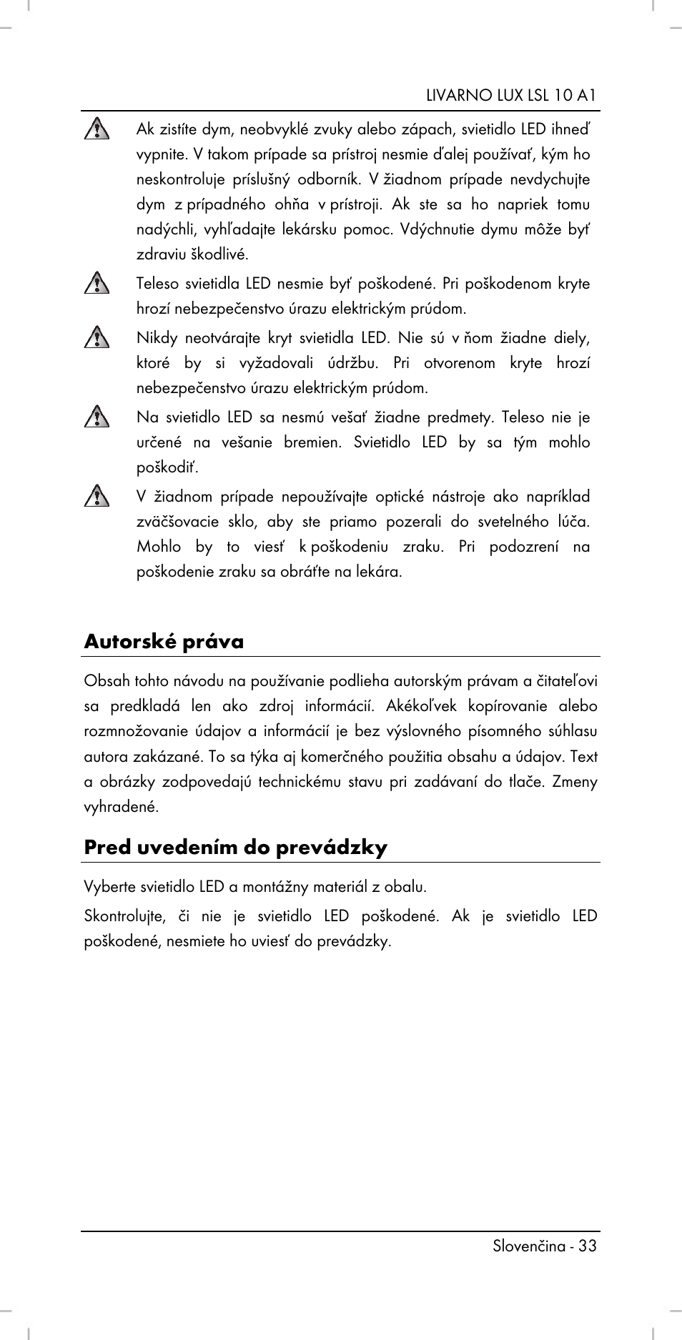 Autorské práva, Pred uvedením do prevádzky | Livarno LSL 10 A1 User Manual | Page 35 / 46