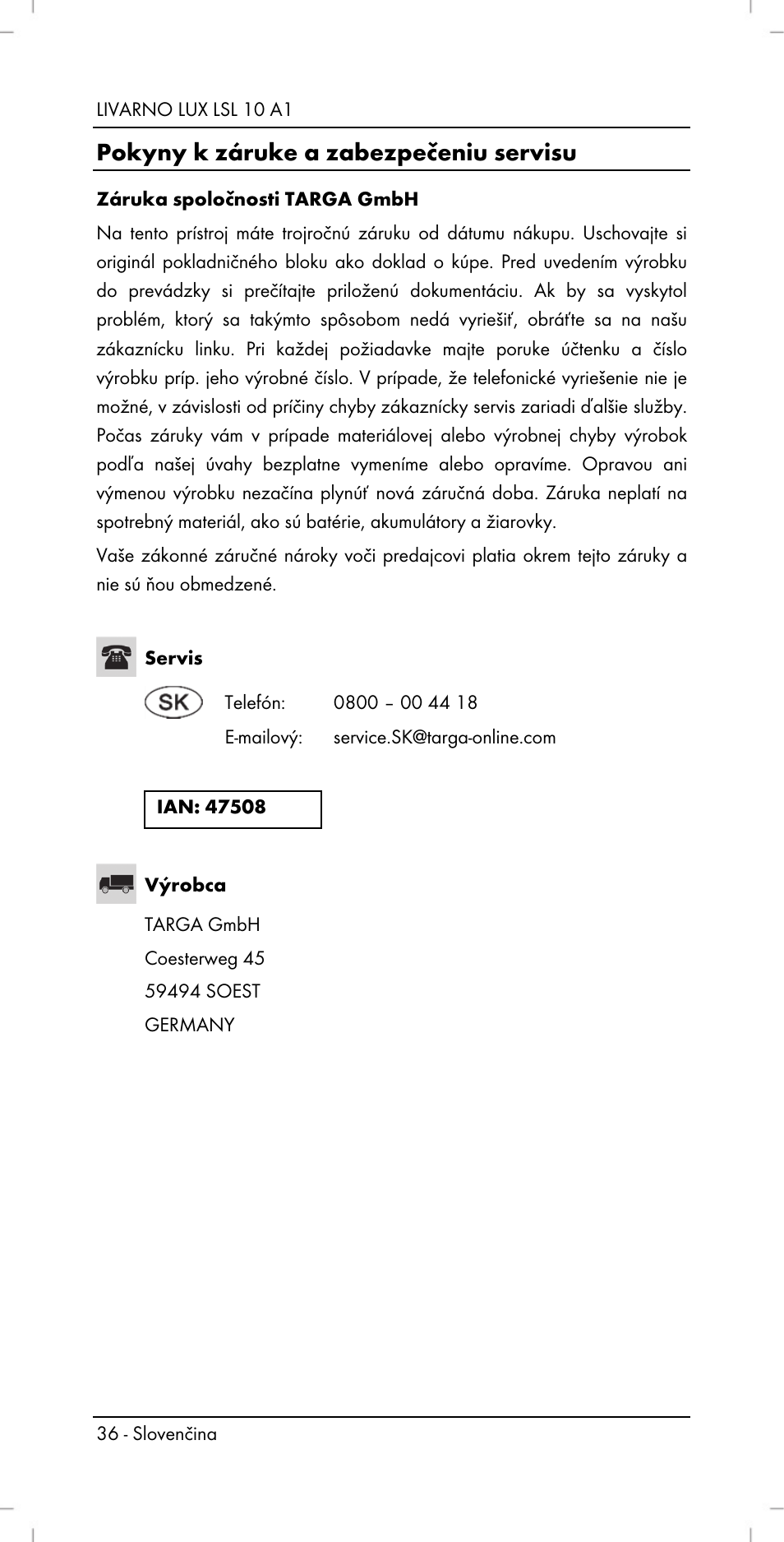 Pokyny k záruke a zabezpečeniu servisu | Livarno LSL 10 A1 User Manual | Page 38 / 46