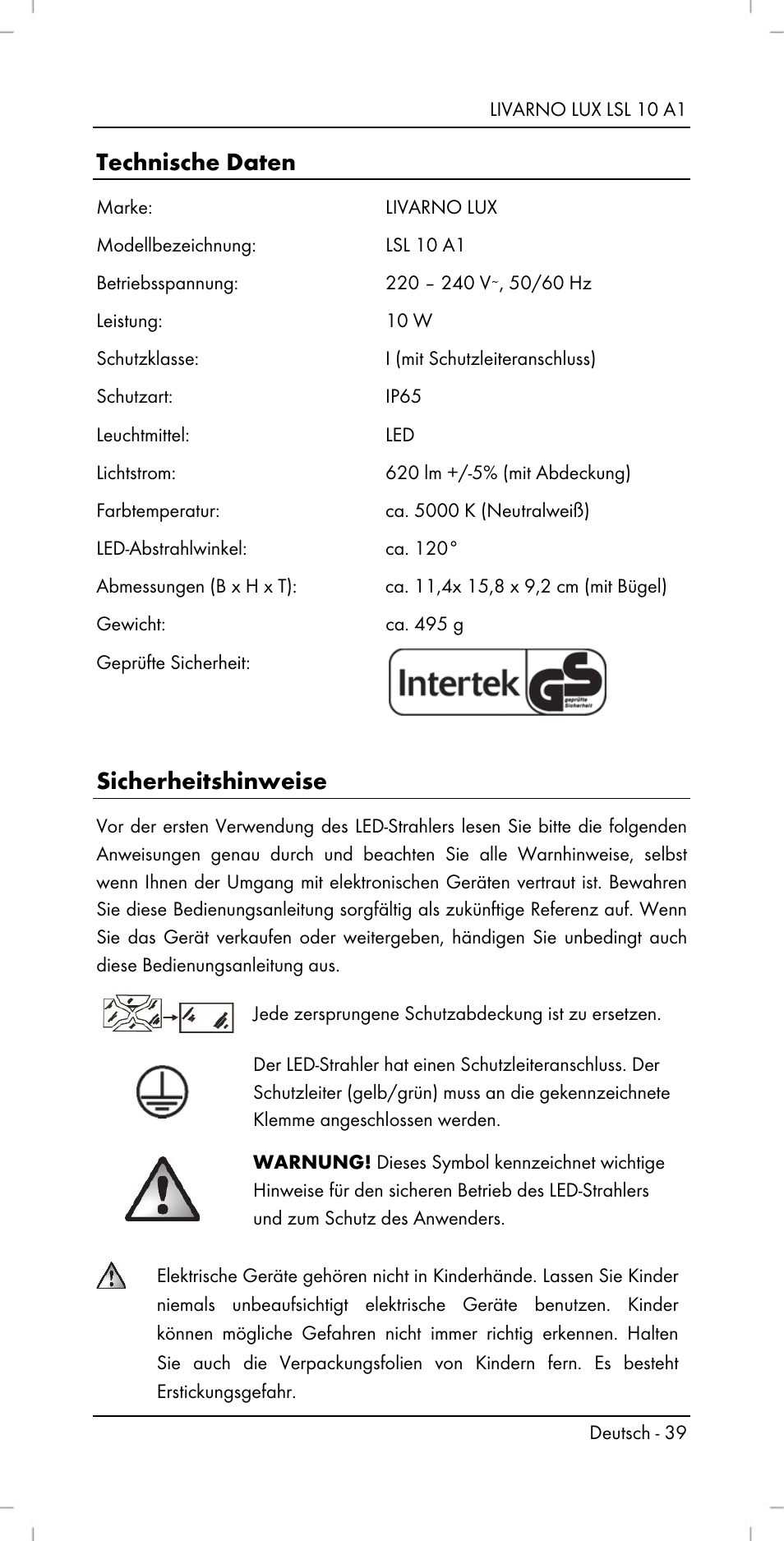 Technische daten, Sicherheitshinweise | Livarno LSL 10 A1 User Manual | Page 41 / 46