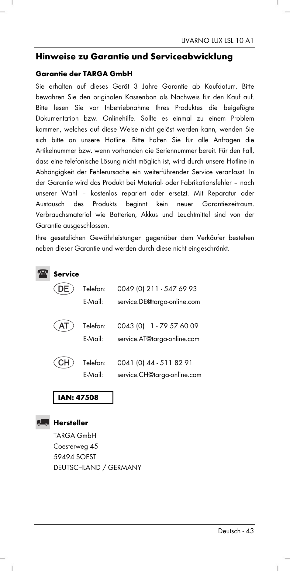 Hinweise zu garantie und serviceabwicklung | Livarno LSL 10 A1 User Manual | Page 45 / 46