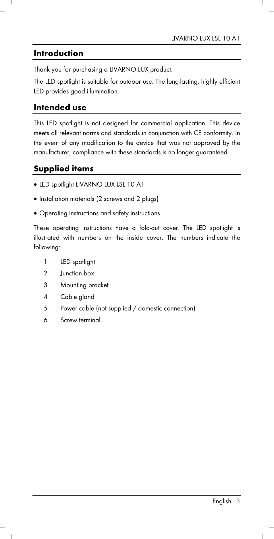 Introduction, Intended use, Supplied items | Livarno LSL 10 A1 User Manual | Page 5 / 46