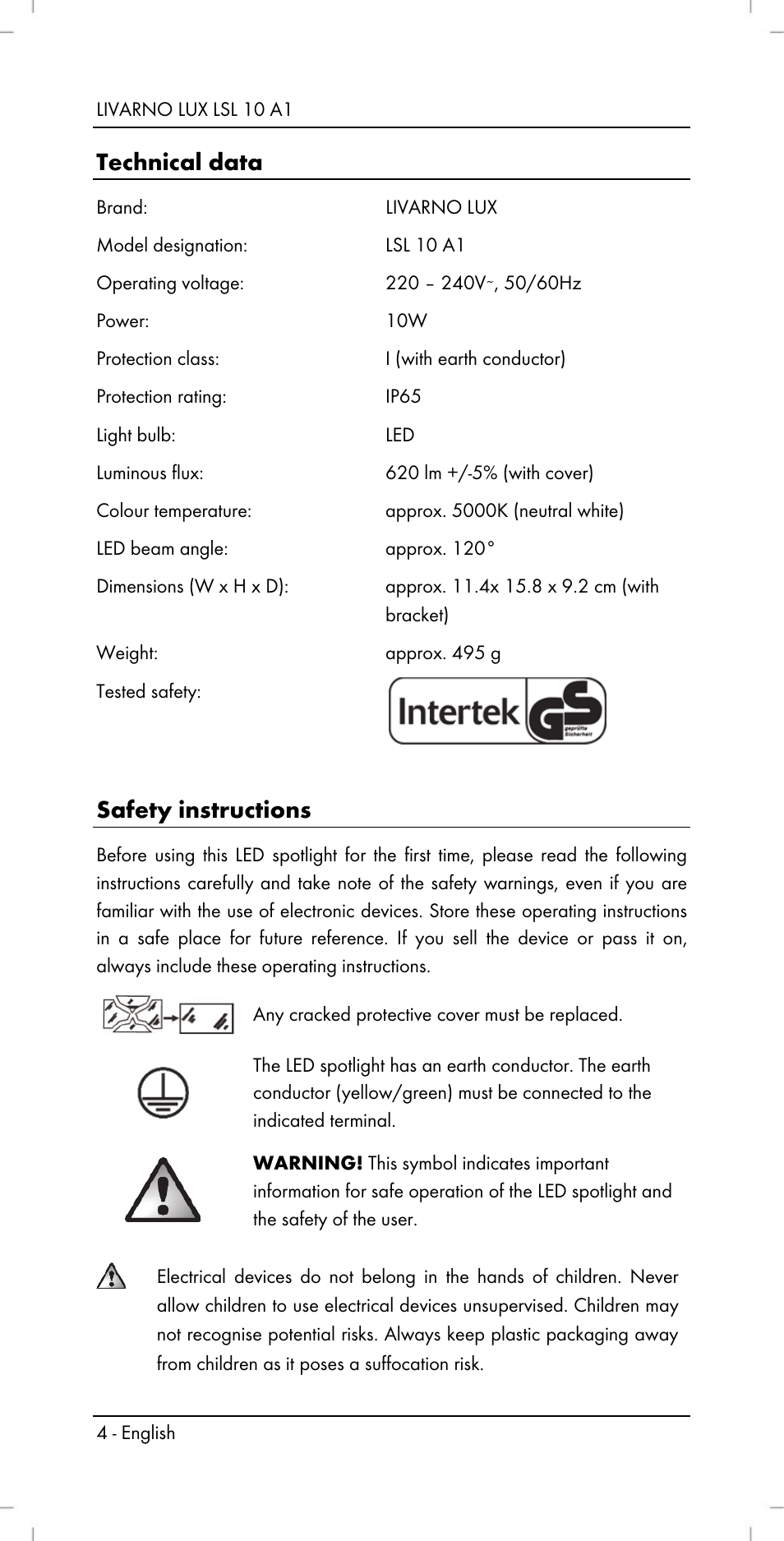 Technical data, Safety instructions | Livarno LSL 10 A1 User Manual | Page 6 / 46