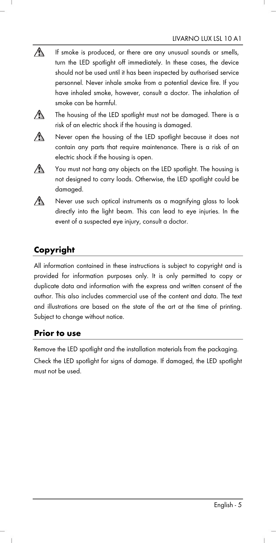 Copyright, Prior to use | Livarno LSL 10 A1 User Manual | Page 7 / 46